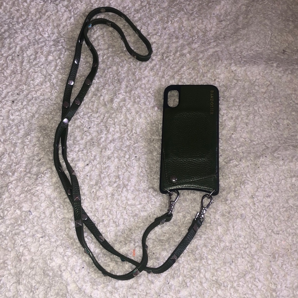 Bandolier green/silver pebble leather crossbody iPhone X cover w/matching strap